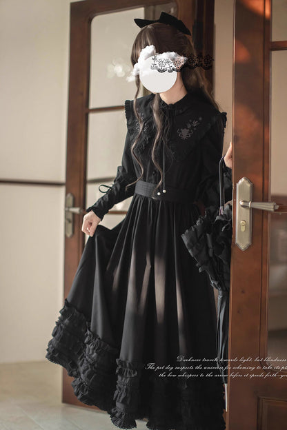 Long-Sleeved Gothic Vintage Elegant Dress with Ruffled Embroidery - Wind Kissed Tulips