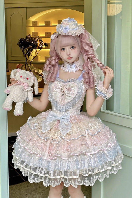 Rainbow Feathers Ballad Sleeveless Multi-Layered Ruffle Hanayome Bow Sweet Lolita Jsk Dress