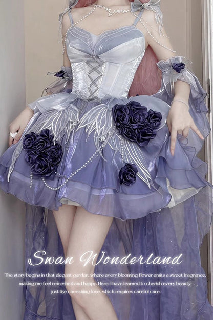 Misty Purple Sweet Ballet Lolita Swan Wonderland Embroidery Lace-Up Mini JSK Dress