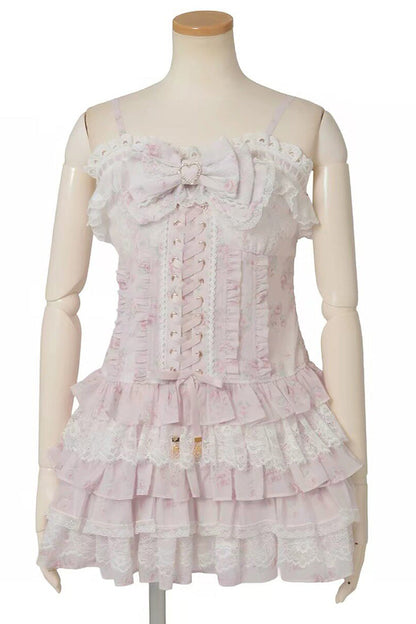 Multi-Layer Printed Ruffle Bow Sweet Dress Three Colors