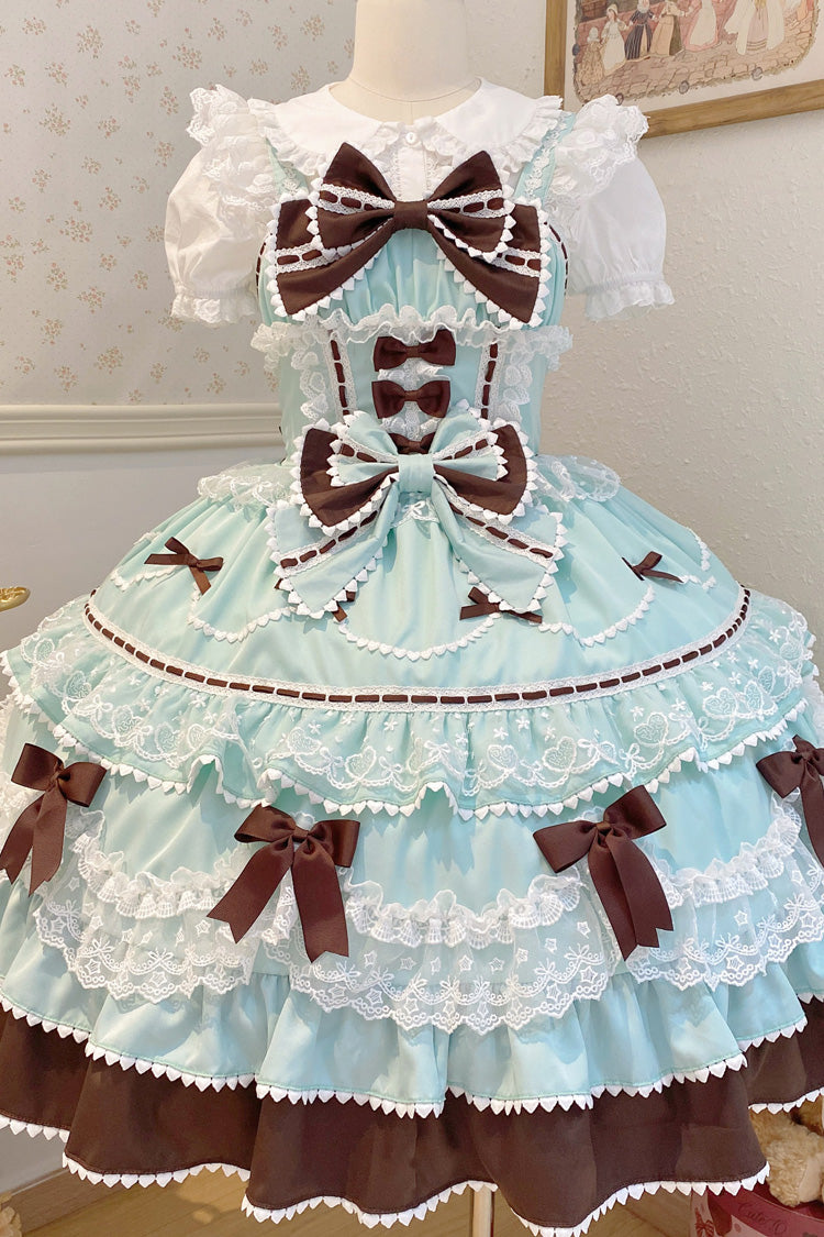Mint Chocolate Fondant Cake Sleeveless Multi-Layer Ruffle Bow Lace Sweet JSK Dress