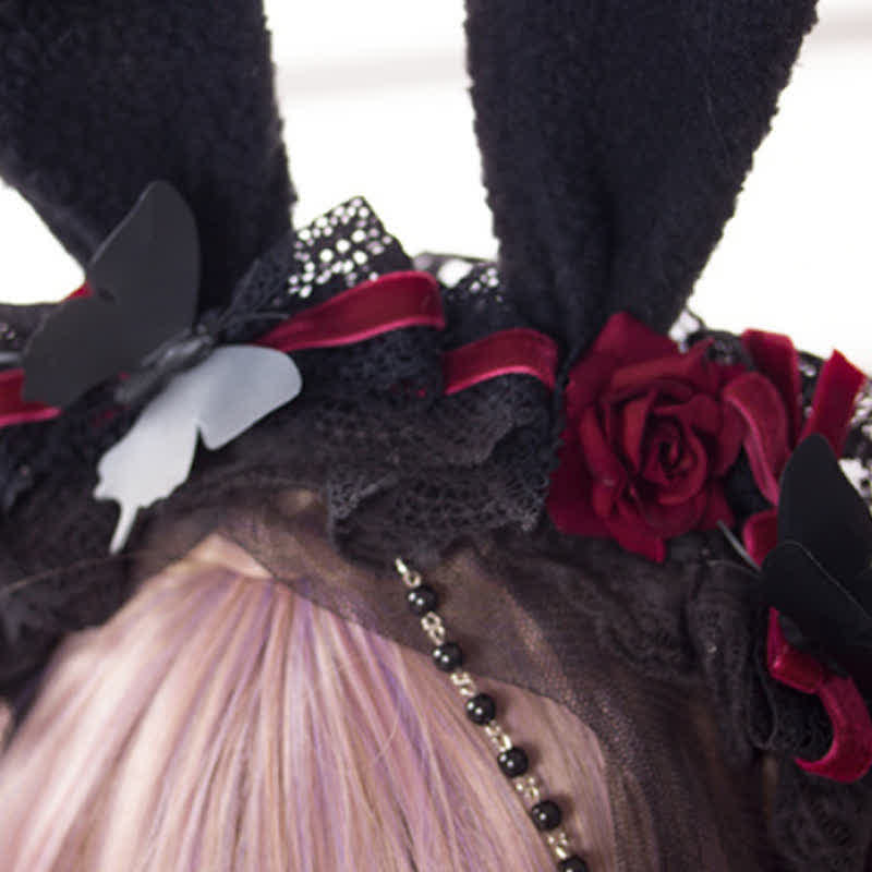 Serre-tête en dentelle rose avec oreilles de lapin Kawaii