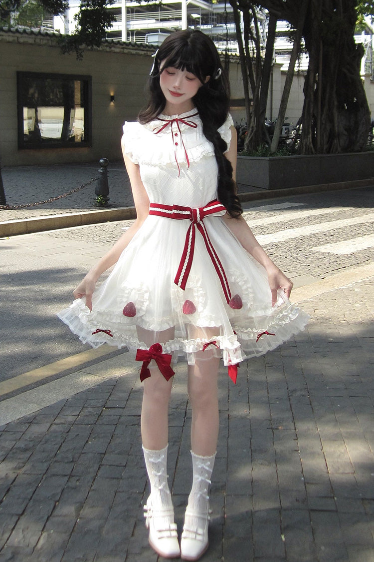 Ivory Strawberry Mousse Cake Stand Collar Sleeveless Mesh Ruffle Bow Lace Sweet Lolita Dress