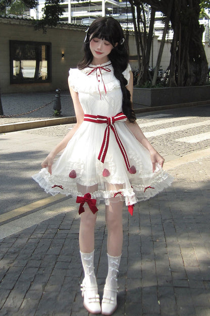 Ivory Strawberry Mousse Cake Stand Collar Sleeveless Mesh Ruffle Bow Lace Sweet Lolita Dress