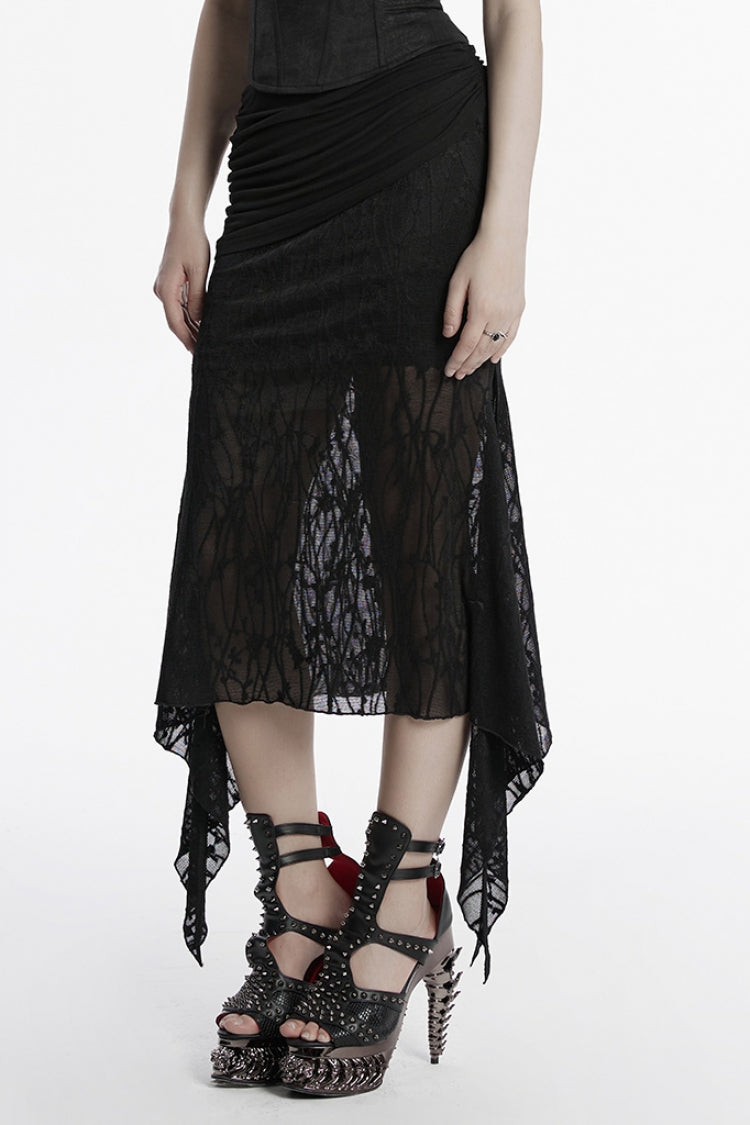 Ruched Mesh Asymmetric Black Fishtail Skirt Punk Women's Style