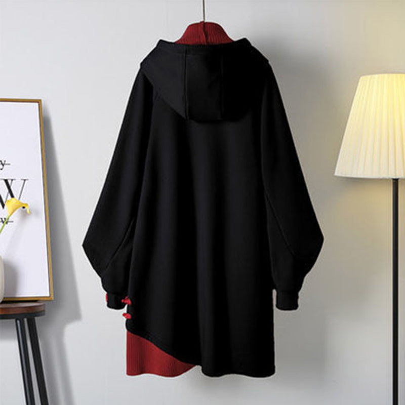 Langes Sweatshirtkleid mit Kapuze und Fuchsschnalle in Schwarz