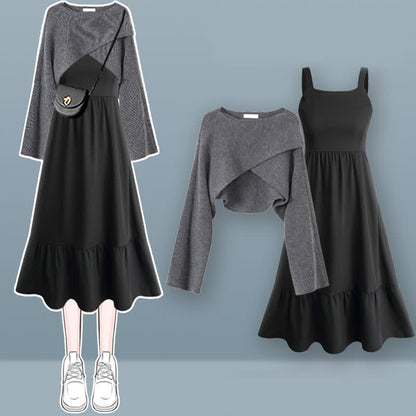 Knit Sweater Cross Slip Dress Ruffled Hem