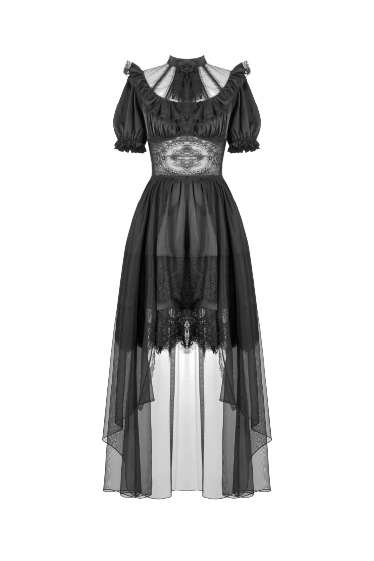 Inky Puff Sleeve High-Low Multi-Tiered Chiffon Gown - Gothic Wedding