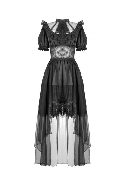 Inky Puff Sleeve High-Low Multi-Tiered Chiffon Gown - Gothic Wedding