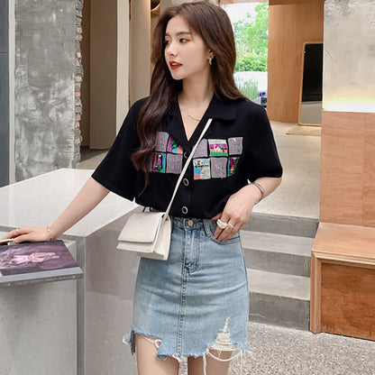 Denim Skirt Laple T-Shirt Embroidery Loose