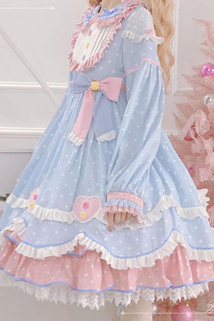 Blue OP Tiered Dress Sweet Lolita Bowknot Love Pocket Ruffled - Altfashion Shop