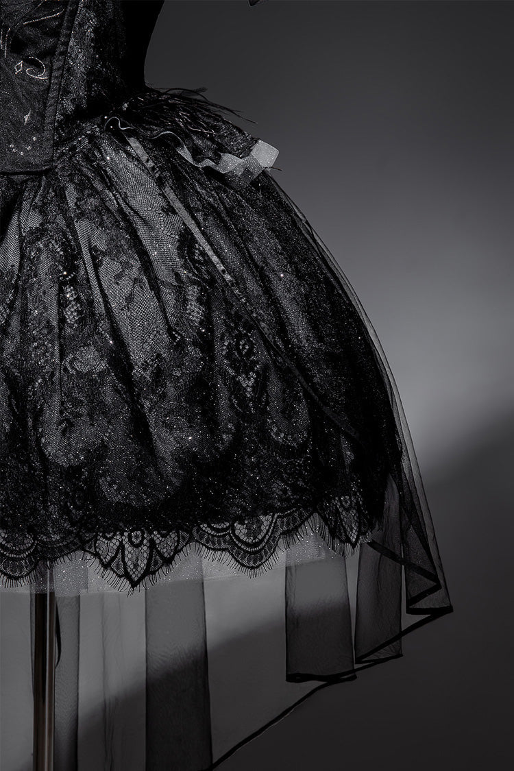 Ruffled Embroidery Gothic JSK Dress with Bow and Lace - Star Swan Dream