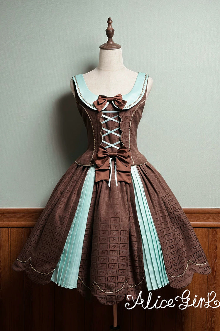 Brown Teddy Chocolate Bar Print Embroidered Bow Lace-Up Classic Lolita JSK Skirt
