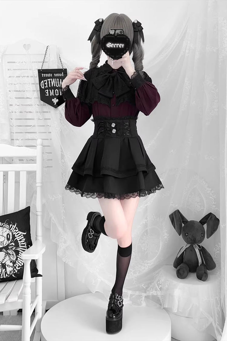 Long Sleeves Double-Layered Ruffled Embroidered Bow Lace-Up Gothic Jirai Kei Lolita Top Skirt Set