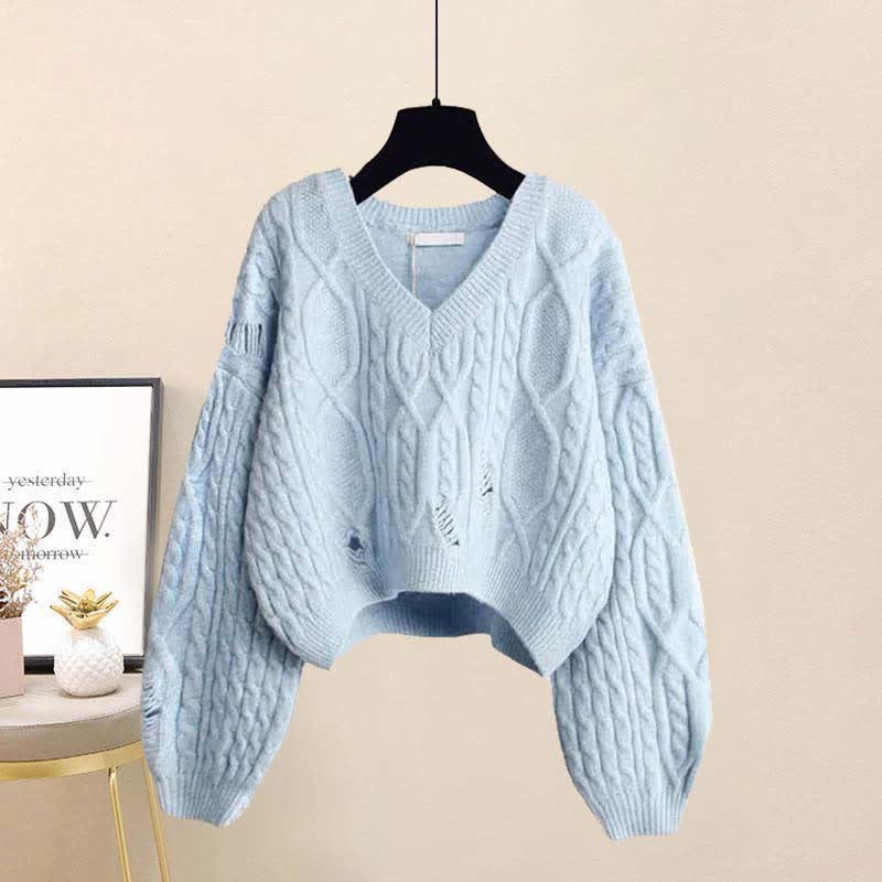 Cross Knit V-neck Skirt Pieces Sweater Two Fishtail