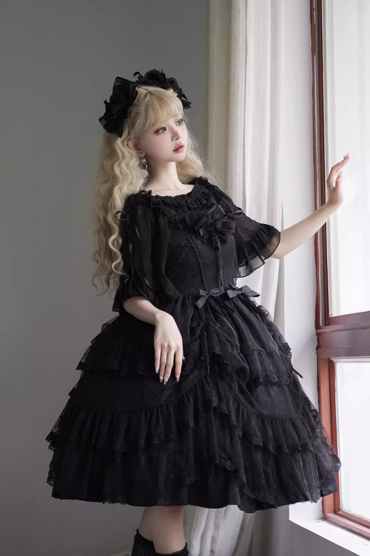 Gothic Princess Lolita JSK Dress with Ruffled Layers and Bow Accents
