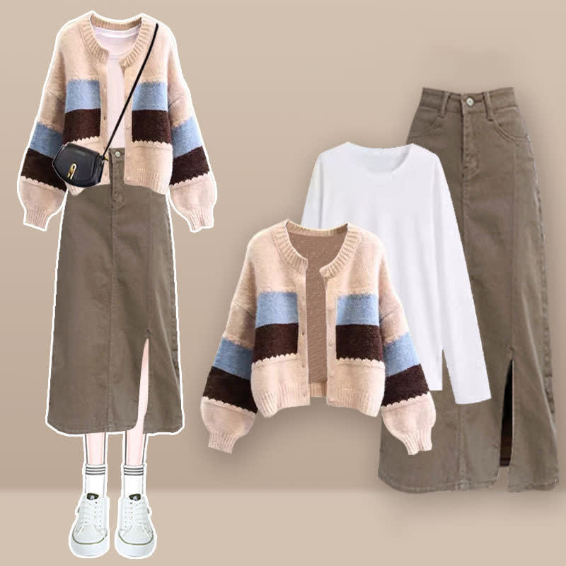Cardigan Skirt Sweater Shirt Colorblock Stripe Denim