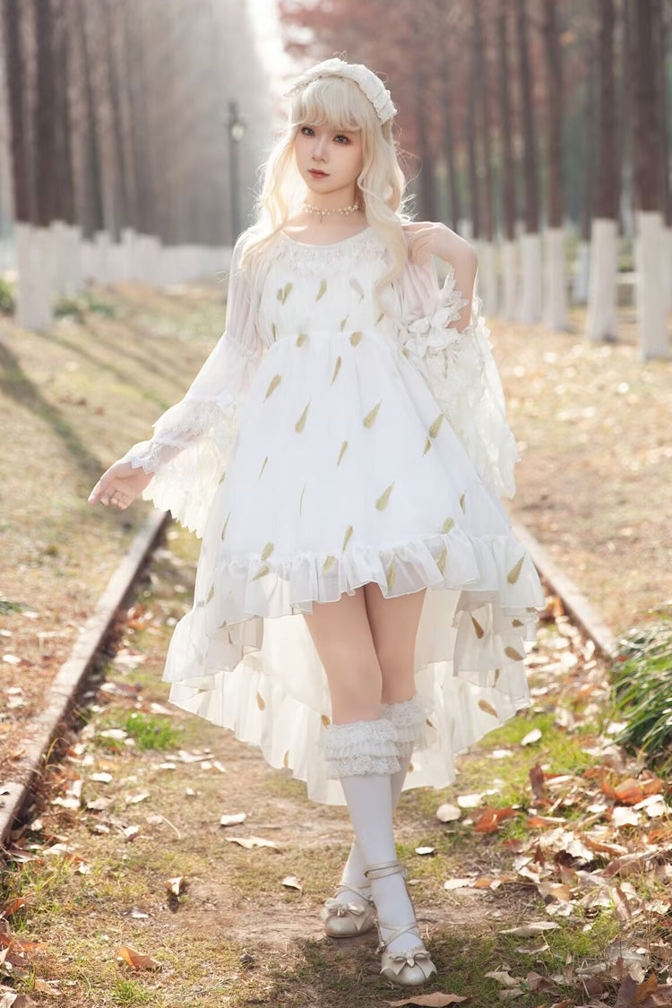 Feather Snowflake Embroidery Print Sleeveless Ruffle Bow Sweet JSK Dress