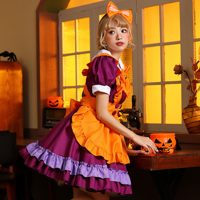 Cute Orange Bow Decor Puff Sleeve Maid Dress