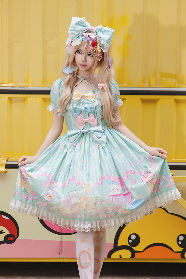 Macaron Dolly House Doll Collar Short Sleeves Print Bowknot Sweet Lolita Dress Colors