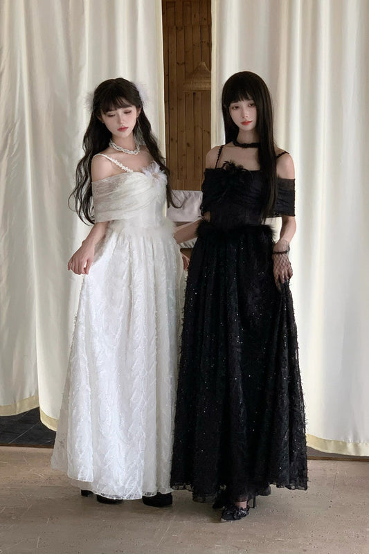 Black [Swan] Off Shoulder Jacquard Embroidered Bow Gothic Lolita Jsk Dress