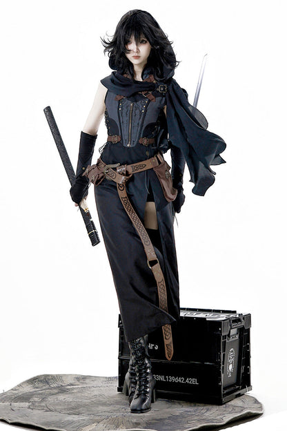 Ebony and Grey Phantom of the Night Sleeveless Lace Up Fashion Gothic Punk Lolita Dress