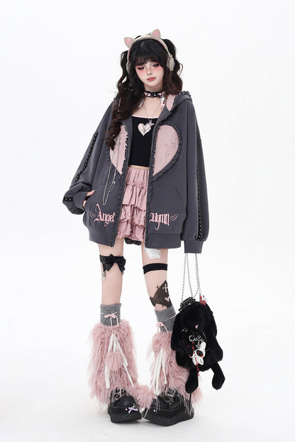 Striped Bunny Ear Hooded Heart Print Embroidery Coat Two Colors