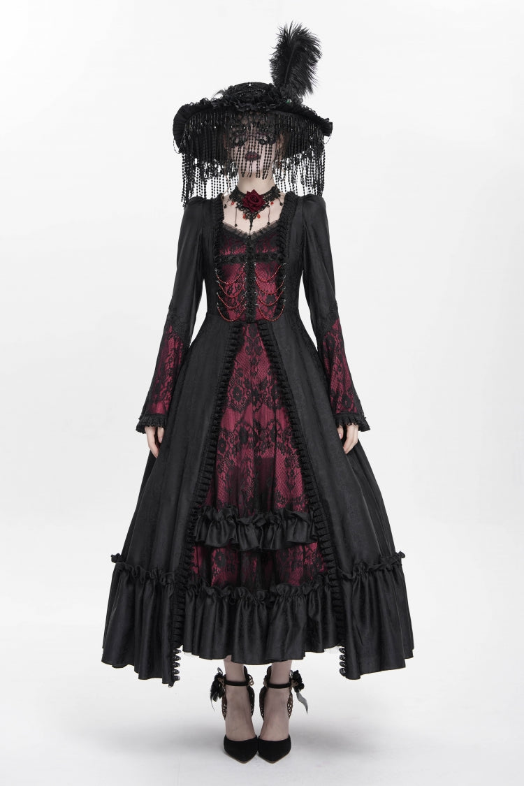 Long Sleeve Floral Embroidery Lace-Up Pleated Gothic Dress