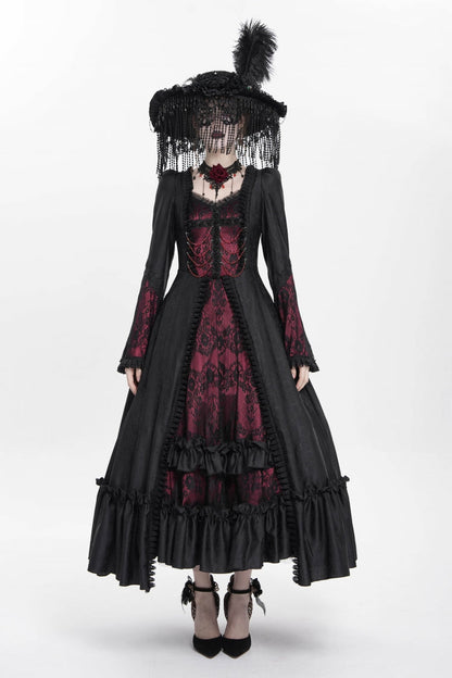 Long Sleeve Floral Embroidery Lace-Up Pleated Gothic Dress