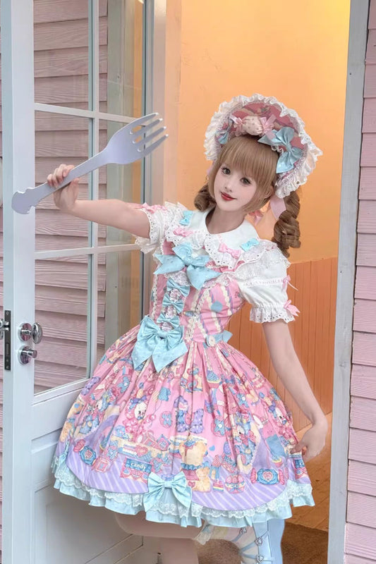 Pink Rainbow Buffy Bunny Sleeveless Double Layer Ribbon Doll Print Ruffle Bow Sweet Lolita JSK Set