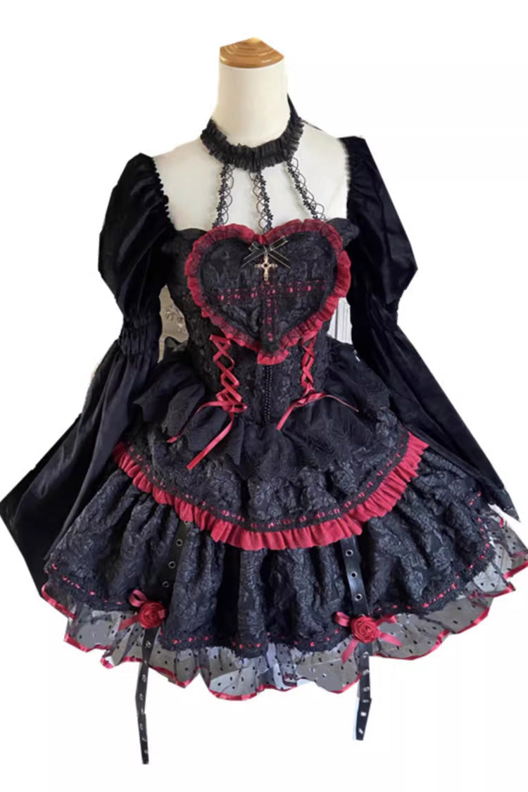 Witch Vampire Rose Print Ruffle Lace-Up Punk Dress