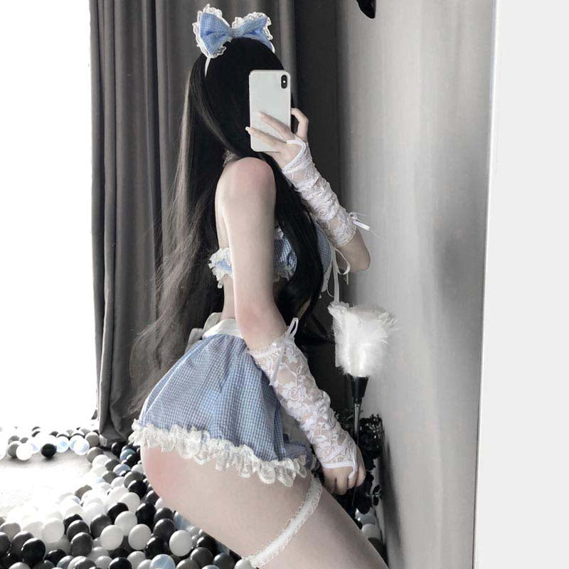 Blue Sexy Maid Lace Bow Stockings Lingerie Dress