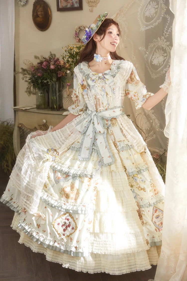Rose-Embellished Layered Ruffled Lolita Skirt in Three Tones