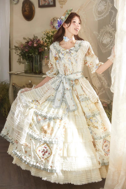 Rose-Embellished Layered Ruffled Lolita Skirt in Three Tones
