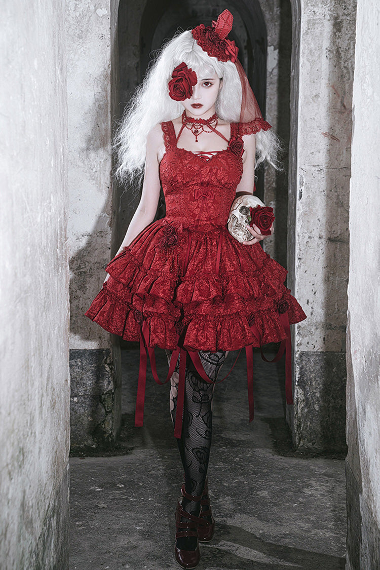Weeping Rose Double-Layer Ruffle Embroidered Bow Lace Gothic Ballet Set