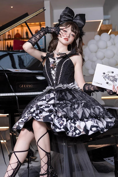 Black White Board Games Triple-Layer Print Ruffle Vintage Lolita Skirt