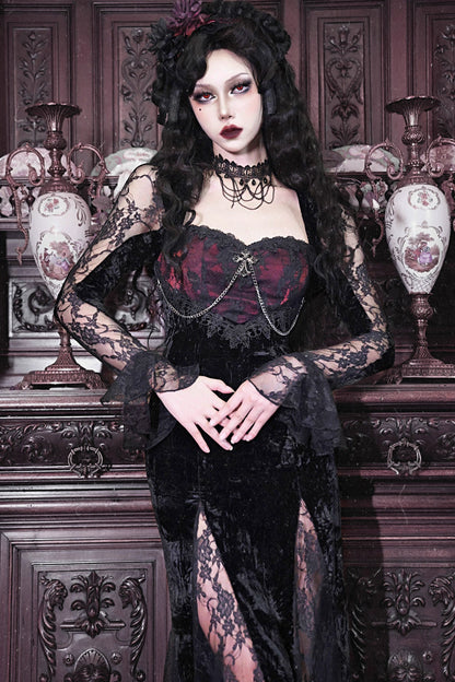 Rose Cemetery Gothic Fishtail Dress with Slim Lace - Noir