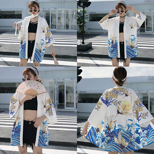 Kimono chinois vintage à motif grue - Vêtements d'extérieur pour protection solaire