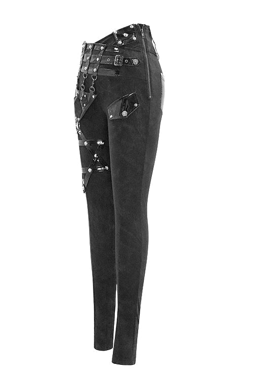 Goth Stretch Knit Asymmetrical Loop Detail Slim Trousers