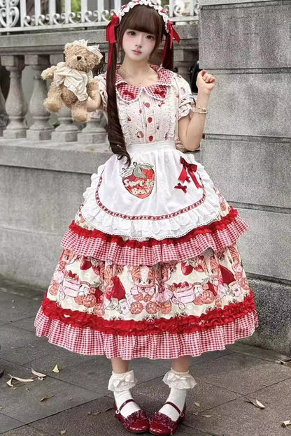 Bear Strawberry Ode Print Short Sleeve Double-Layered Ruffle Bow JSK