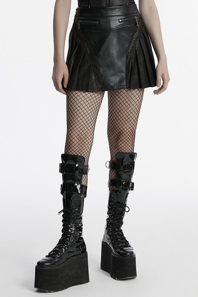 Pleated Punk Skirt with Stitching in Black Faux Leather for Women