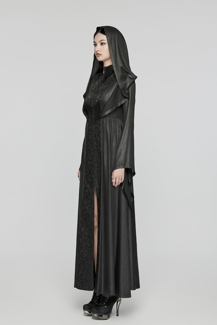 Hooded Dark Dress with Flared Sleeves - Women