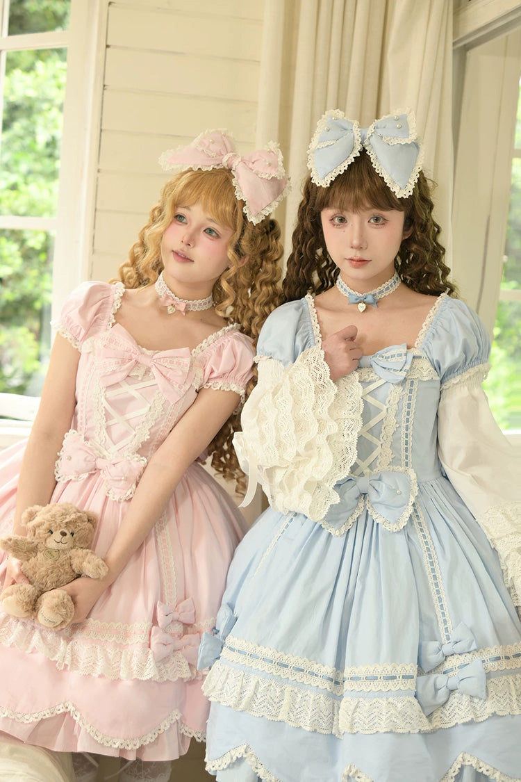 Square-Neck Cotton Dress with Double Ruffle Lace and Lacing