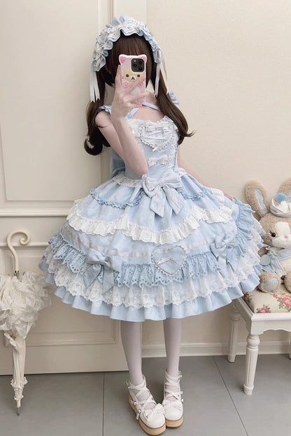 Blue Super Cute Belia Sleeveless Triple-Layered Ruffle Bowknot Lace Sweet Elegant Lolita Jsk Dress