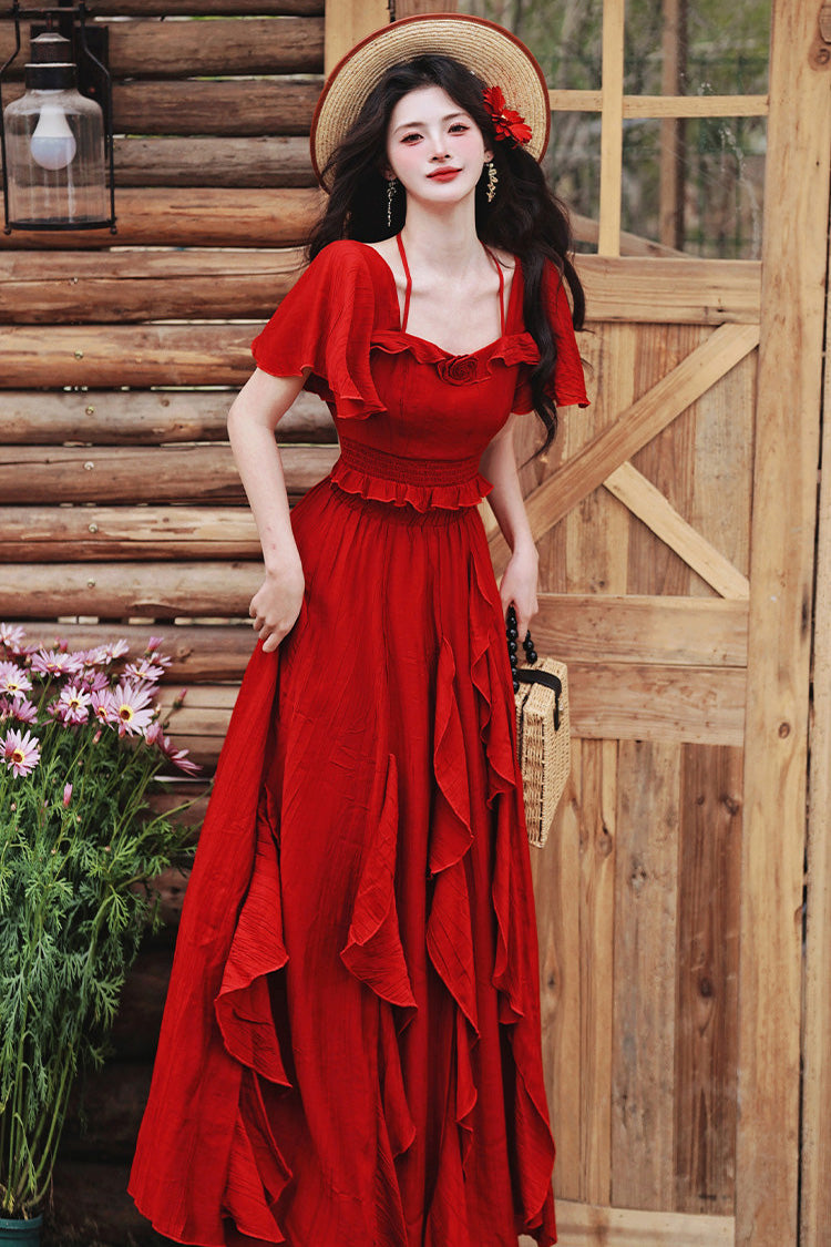 Red Square Collar Halter Short Sleeves High Waist Ruffle Gothic Vintage Lolita Long Skirt Set