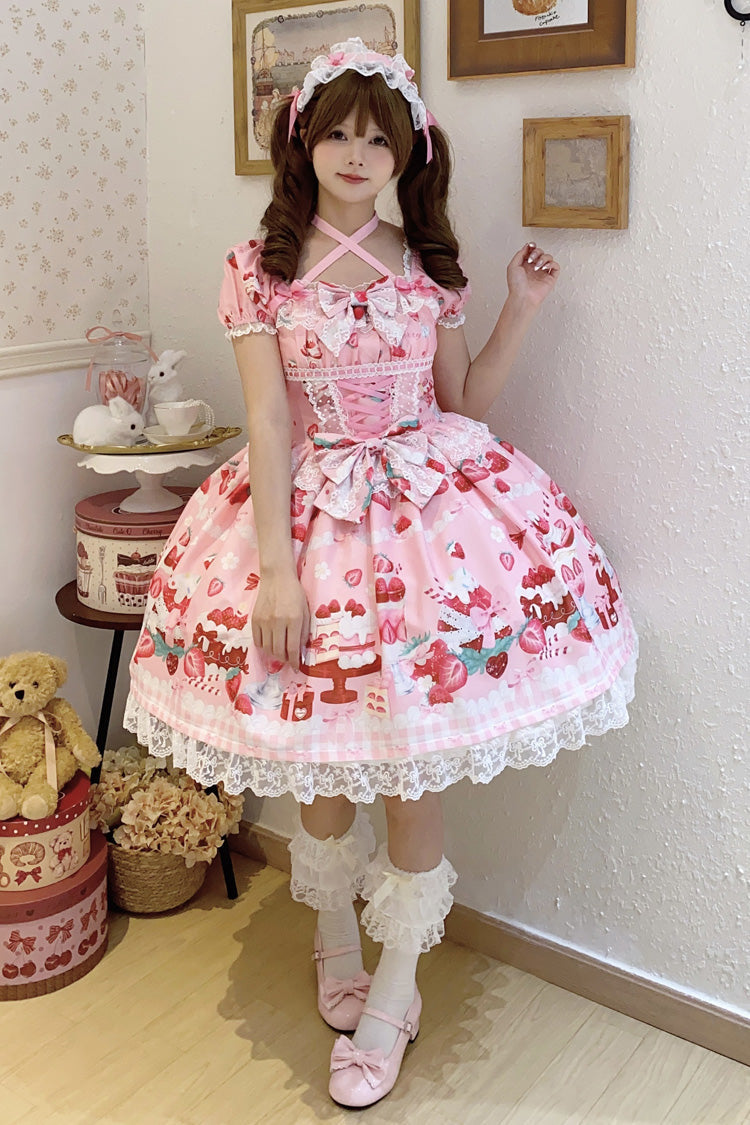 Pink Strawberry Parfait Print Short Sleeve Ruffle Bow Lace Lace-Up Sweet Lolita Dress
