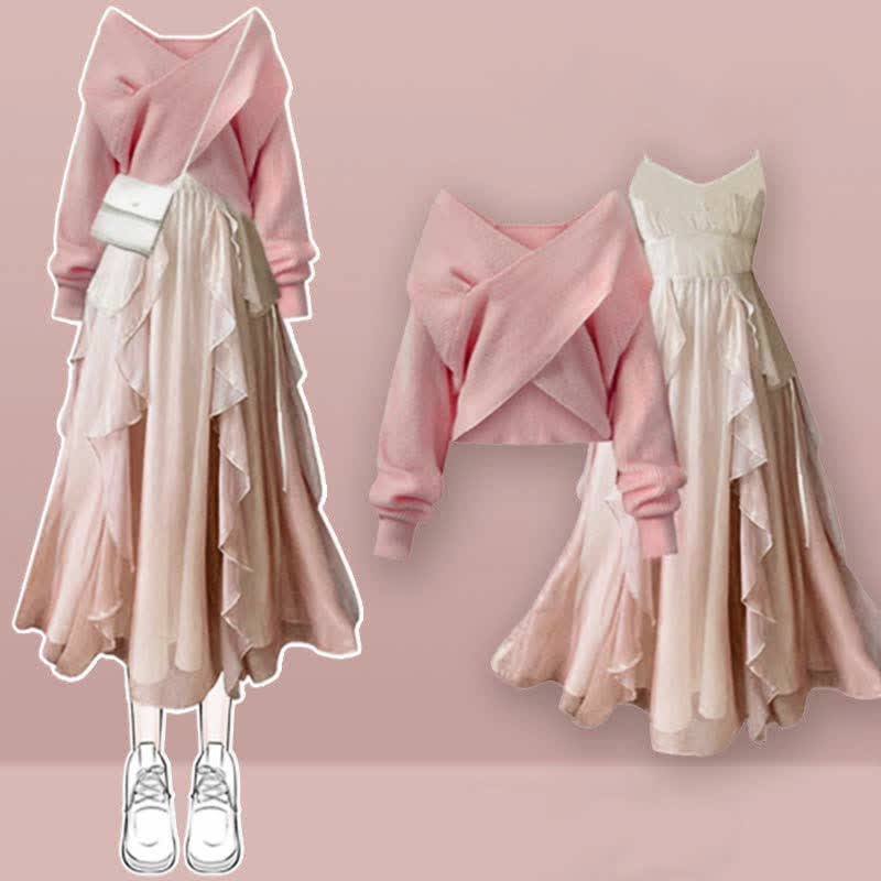 Rosa A-Linien-Unterkleid-Set mit gekreuztem Strickpullover und Volant