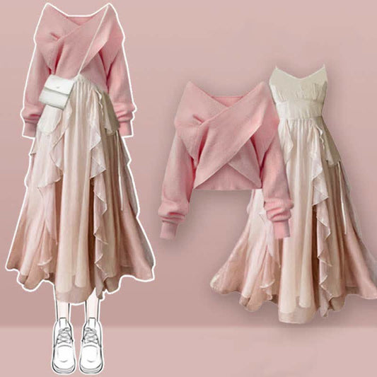 Rosa A-Linien-Unterkleid-Set mit gekreuztem Strickpullover und Volant