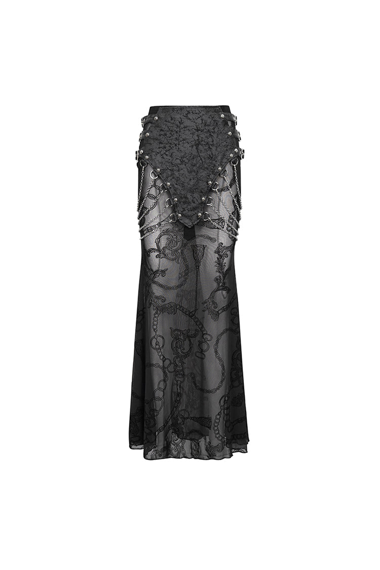 Gothic Fishtail Skirt with Sheer Panels and Chain Accents
