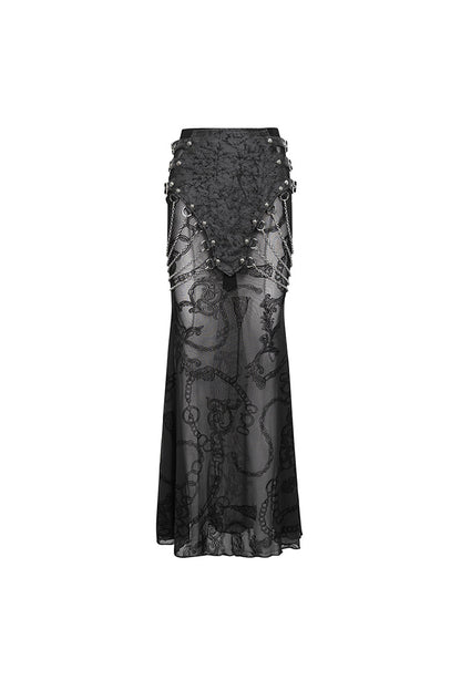 Gothic Fishtail Skirt with Sheer Panels and Chain Accents